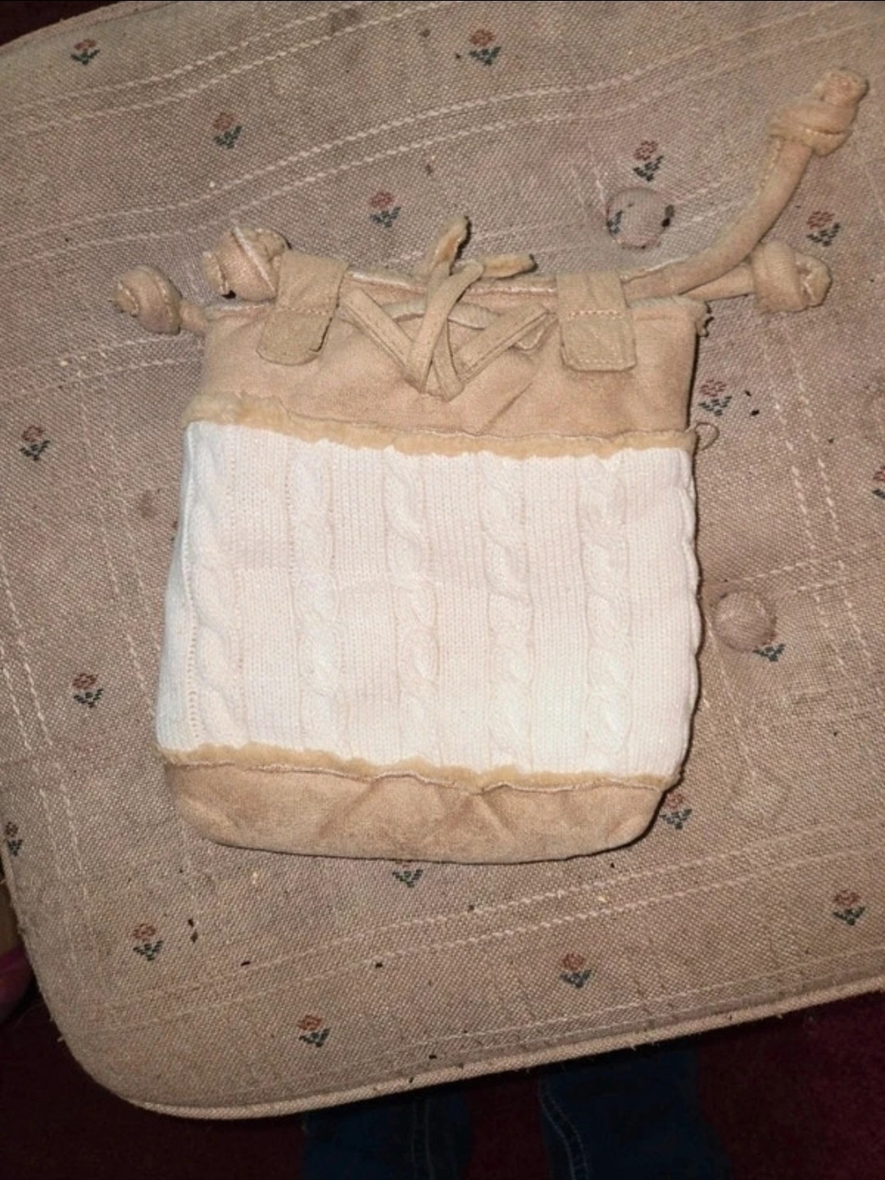 Beige & Cream Cable-Knit Drawstring Mini Shoulder Bag